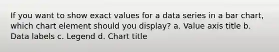 If you want to show exact values for a data series in a bar chart, which chart element should you display? a. Value axis title b. Data labels c. Legend d. Chart title