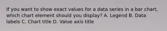 If you want to show exact values for a data series in a bar chart, which chart element should you display? A. Legend B. Data labels C. Chart title D. Value axis title