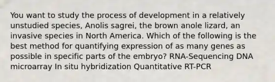 You want to study the process of development in a relatively unstudied species, Anolis sagrei, the brown anole lizard, an invasive species in North America. Which of the following is the best method for quantifying expression of as many genes as possible in specific parts of the embryo? RNA-Sequencing DNA microarray In situ hybridization Quantitative RT-PCR