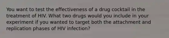 You want to test the effectiveness of a drug cocktail in the treatment of HIV. What two drugs would you include in your experiment if you wanted to target both the attachment and replication phases of HIV infection?