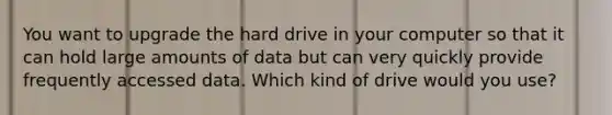 You want to upgrade the hard drive in your computer so that it can hold large amounts of data but can very quickly provide frequently accessed data. Which kind of drive would you use?