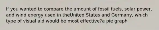 If you wanted to compare the amount of fossil fuels, solar power, and wind energy used in theUnited States and Germany, which type of visual aid would be most effective?a pie graph