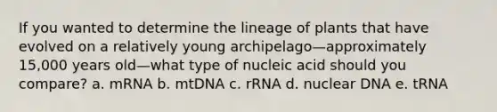 If you wanted to determine the lineage of plants that have evolved on a relatively young archipelago—approximately 15,000 years old—what type of nucleic acid should you compare? a. mRNA b. mtDNA c. rRNA d. nuclear DNA e. tRNA