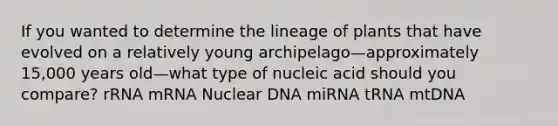 If you wanted to determine the lineage of plants that have evolved on a relatively young archipelago—approximately 15,000 years old—what type of nucleic acid should you compare? rRNA mRNA Nuclear DNA miRNA tRNA mtDNA