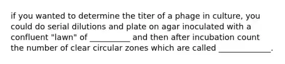 if you wanted to determine the titer of a phage in culture, you could do serial dilutions and plate on agar inoculated with a confluent "lawn" of __________ and then after incubation count the number of clear circular zones which are called _____________.