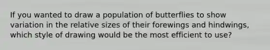 If you wanted to draw a population of butterflies to show variation in the relative sizes of their forewings and hindwings, which style of drawing would be the most efficient to use?