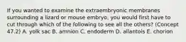 If you wanted to examine the extraembryonic membranes surrounding a lizard or mouse embryo, you would first have to cut through which of the following to see all the others? (Concept 47.2) A. yolk sac B. amnion C. endoderm D. allantois E. chorion