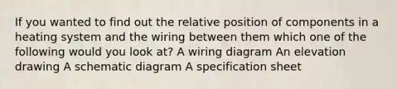 If you wanted to find out the relative position of components in a heating system and the wiring between them which one of the following would you look at? A wiring diagram An elevation drawing A schematic diagram A specification sheet