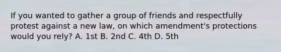 If you wanted to gather a group of friends and respectfully protest against a new law, on which amendment's protections would you rely? A. 1st B. 2nd C. 4th D. 5th