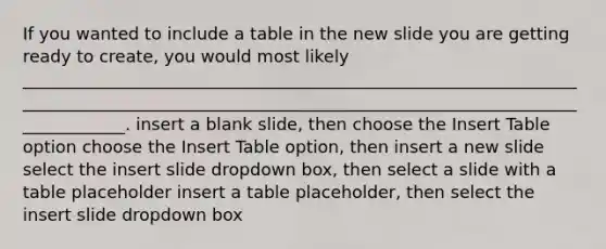 If you wanted to include a table in the new slide you are getting ready to create, you would most likely ______________________________________________________________________________________________________________________________________________. insert a blank slide, then choose the Insert Table option choose the Insert Table option, then insert a new slide select the insert slide dropdown box, then select a slide with a table placeholder insert a table placeholder, then select the insert slide dropdown box