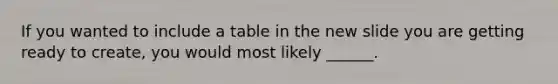 If you wanted to include a table in the new slide you are getting ready to create, you would most likely ______.