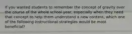 If you wanted students to remember the concept of gravity over the course of the whole school year, especially when they need that concept to help them understand a new content, which one of the following instructional strategies would be most beneficial?