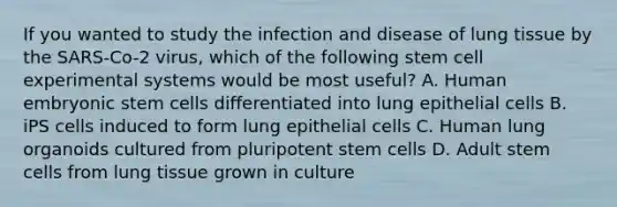 If you wanted to study the infection and disease of lung tissue by the SARS-Co-2 virus, which of the following stem cell experimental systems would be most useful? A. Human embryonic stem cells differentiated into lung epithelial cells B. iPS cells induced to form lung epithelial cells C. Human lung organoids cultured from pluripotent stem cells D. Adult stem cells from lung tissue grown in culture