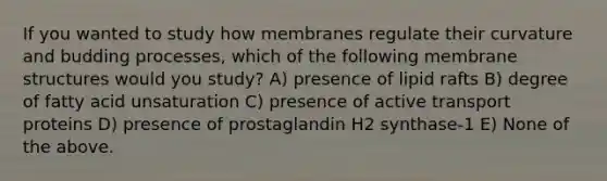 If you wanted to study how membranes regulate their curvature and budding processes, which of the following membrane structures would you study? A) presence of lipid rafts B) degree of fatty acid unsaturation C) presence of active transport proteins D) presence of prostaglandin H2 synthase-1 E) None of the above.