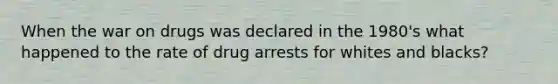 When the war on drugs was declared in the 1980's what happened to the rate of drug arrests for whites and blacks?