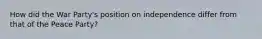 How did the War Party's position on independence differ from that of the Peace Party?