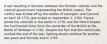 A war resulting in tensions between the thirteen colonies and the colonial government (representing the British crown). The conflict was kicked off by the battles of Lexington and Concord on April 19 1775, and ended on September 3, 1783. France joined the colonists in the battle in 1778, and the french helped the Continental Army force the surrender of the British at the Battle of Yorktown in 1781. Despite the fact that this technically marked the end of the war, fighting would continue for another two years and formally end in 1783.