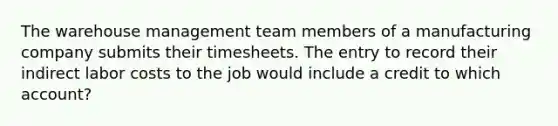 The warehouse management team members of a manufacturing company submits their timesheets. The entry to record their indirect labor costs to the job would include a credit to which account?