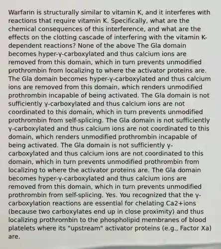 Warfarin is structurally similar to vitamin K, and it interferes with reactions that require vitamin K. Specifically, what are the chemical consequences of this interference, and what are the effects on the clotting cascade of interfering with the vitamin K-dependent reactions? None of the above The Gla domain becomes hyper-γ-carboxylated and thus calcium ions are removed from this domain, which in turn prevents unmodified prothrombin from localizing to where the activator proteins are. The Gla domain becomes hyper-γ-carboxylated and thus calcium ions are removed from this domain, which renders unmodified prothrombin incapable of being activated. The Gla domain is not sufficiently γ-carboxylated and thus calcium ions are not coordinated to this domain, which in turn prevents unmodified prothrombin from self-splicing. The Gla domain is not sufficiently γ-carboxylated and thus calcium ions are not coordinated to this domain, which renders unmodified prothrombin incapable of being activated. The Gla domain is not sufficiently γ-carboxylated and thus calcium ions are not coordinated to this domain, which in turn prevents unmodified prothrombin from localizing to where the activator proteins are. The Gla domain becomes hyper-γ-carboxylated and thus calcium ions are removed from this domain, which in turn prevents unmodified prothrombin from self-splicing. Yes. You recognized that the γ-carboxylation reactions are essential for chelating Ca2+ions (because two carboxylates end up in close proximity) and thus localizing prothrombin to the phospholipid membranes of blood platelets where its "upstream" activator proteins (e.g., Factor Xa) are.