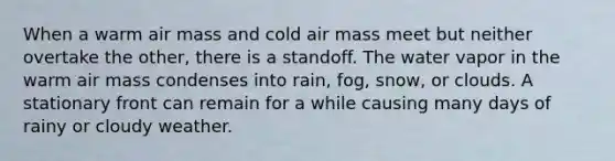 When a warm air mass and cold air mass meet but neither overtake the other, there is a standoff. The water vapor in the warm air mass condenses into rain, fog, snow, or clouds. A stationary front can remain for a while causing many days of rainy or cloudy weather.