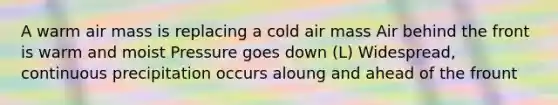 A warm air mass is replacing a cold air mass Air behind the front is warm and moist Pressure goes down (L) Widespread, continuous precipitation occurs aloung and ahead of the frount