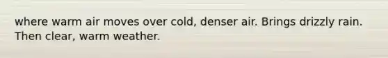 where warm air moves over cold, denser air. Brings drizzly rain. Then clear, warm weather.