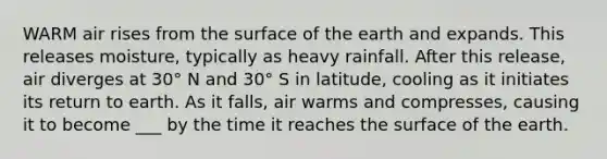 WARM air rises from the surface of the earth and expands. This releases moisture, typically as heavy rainfall. After this release, air diverges at 30° N and 30° S in latitude, cooling as it initiates its return to earth. As it falls, air warms and compresses, causing it to become ___ by the time it reaches the surface of the earth.