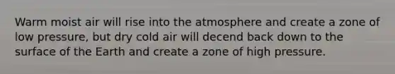 Warm moist air will rise into the atmosphere and create a zone of low pressure, but dry cold air will decend back down to the surface of the Earth and create a zone of high pressure.