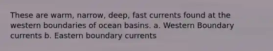 These are warm, narrow, deep, fast currents found at the western boundaries of ocean basins. a. Western Boundary currents b. Eastern boundary currents