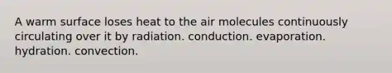 A warm surface loses heat to the air molecules continuously circulating over it by radiation. conduction. evaporation. hydration. convection.