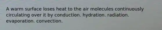 A warm surface loses heat to the air molecules continuously circulating over it by conduction. hydration. radiation. evaporation. convection.