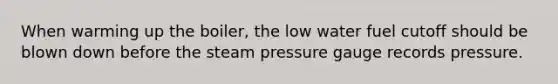 When warming up the boiler, the low water fuel cutoff should be blown down before the steam pressure gauge records pressure.