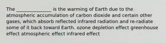 The _______________ is the warming of Earth due to the atmospheric accumulation of carbon dioxide and certain other gases, which absorb reflected infrared radiation and re-radiate some of it back toward Earth. ozone depletion effect <a href='https://www.questionai.com/knowledge/kSLZFxwGpF-greenhouse-effect' class='anchor-knowledge'>greenhouse effect</a> atmospheric effect infrared effect