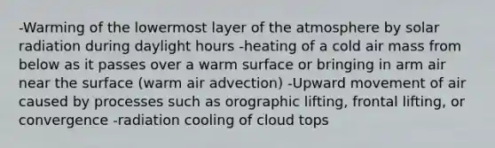 -Warming of the lowermost layer of the atmosphere by <a href='https://www.questionai.com/knowledge/kr1ksgm4Kk-solar-radiation' class='anchor-knowledge'>solar radiation</a> during daylight hours -heating of a cold air mass from below as it passes over a warm surface or bringing in arm air near the surface (warm air advection) -Upward movement of air caused by processes such as orographic lifting, frontal lifting, or convergence -radiation cooling of cloud tops