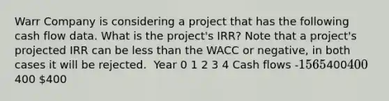 Warr Company is considering a project that has the following cash flow data. What is the project's IRR? Note that a project's projected IRR can be less than the WACC or negative, in both cases it will be rejected. ​ Year 0 1 2 3 4 Cash flows -1565400400400 400