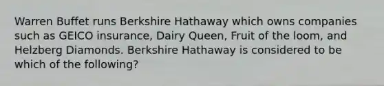 Warren Buffet runs Berkshire Hathaway which owns companies such as GEICO insurance, Dairy Queen, Fruit of the loom, and Helzberg Diamonds. Berkshire Hathaway is considered to be which of the following?