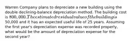 Warren Company plans to depreciate a new building using the double declining-balance depreciation method. The building cost is 800,000. The estimated residual value of the building is50,000 and it has an expected useful life of 25 years. Assuming the first year's depreciation expense was recorded properly, what would be the amount of depreciation expense for the second year?