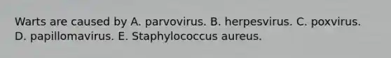 Warts are caused by A. parvovirus. B. herpesvirus. C. poxvirus. D. papillomavirus. E. Staphylococcus aureus.