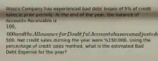 Wasco Company has experienced bad debt losses of 5% of credit sales in prior periods. At the end of the year, the balance of Accounts Receivable is 100,000 and the Allowance for Doubtful Accounts has an unadjusted credit balance of500. Net credit sales durning the year were %150,000. Using the percentage of credit sales method, what is the estimated Bad Debt Expense for the year?