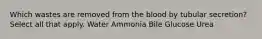 Which wastes are removed from the blood by tubular secretion? Select all that apply. Water Ammonia Bile Glucose Urea