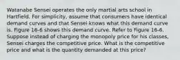 Watanabe Sensei operates the only martial arts school in Hartfield. For simplicity, assume that consumers have identical demand curves and that Sensei knows what this demand curve is. Figure 16-6 shows this demand curve. Refer to Figure 16-6. Suppose instead of charging the monopoly price for his classes, Sensei charges the competitive price. What is the competitive price and what is the quantity demanded at this price?