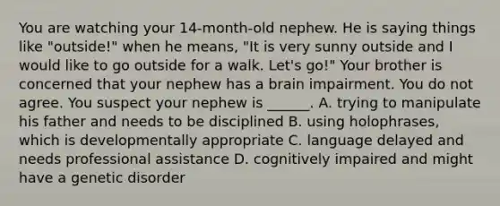 You are watching your 14-month-old nephew. He is saying things like "outside!" when he means, "It is very sunny outside and I would like to go outside for a walk. Let's go!" Your brother is concerned that your nephew has a brain impairment. You do not agree. You suspect your nephew is ______. A. trying to manipulate his father and needs to be disciplined B. using holophrases, which is developmentally appropriate C. language delayed and needs professional assistance D. cognitively impaired and might have a genetic disorder