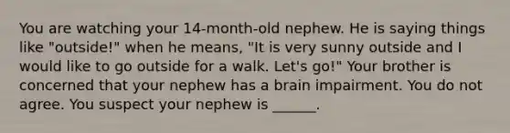 You are watching your 14-month-old nephew. He is saying things like "outside!" when he means, "It is very sunny outside and I would like to go outside for a walk. Let's go!" Your brother is concerned that your nephew has a brain impairment. You do not agree. You suspect your nephew is ______.