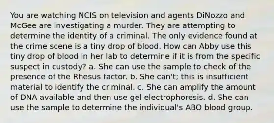 You are watching NCIS on television and agents DiNozzo and McGee are investigating a murder. They are attempting to determine the identity of a criminal. The only evidence found at the crime scene is a tiny drop of blood. How can Abby use this tiny drop of blood in her lab to determine if it is from the specific suspect in custody? a. She can use the sample to check of the presence of the Rhesus factor. b. She can't; this is insufficient material to identify the criminal. c. She can amplify the amount of DNA available and then use gel electrophoresis. d. She can use the sample to determine the individual's ABO blood group.