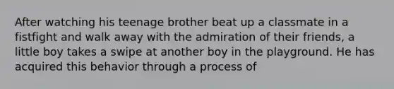 After watching his teenage brother beat up a classmate in a fistfight and walk away with the admiration of their friends, a little boy takes a swipe at another boy in the playground. He has acquired this behavior through a process of