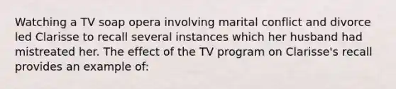 Watching a TV soap opera involving marital conflict and divorce led Clarisse to recall several instances which her husband had mistreated her. The effect of the TV program on Clarisse's recall provides an example of: