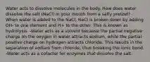 Water acts to dissolve molecules in the body. How does water dissolve the salt (NaCl) in your mouth from a salty pretzel? -When water is added to the NaCl, NaCl is broken down by adding OH- to one element and H+ to the other. This is known as hydrolysis. -Water acts as a solvent because the partial negative charge on the oxygen in water attracts sodium, while the partial positive charge on hydrogen attracts chloride. This results in the separation of sodium from chloride, thus breaking the ionic bond. -Water acts as a cofactor for enzymes that dissolve the salt.