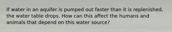 If water in an aquifer is pumped out faster than it is replenished, the water table drops. How can this affect the humans and animals that depend on this water source?