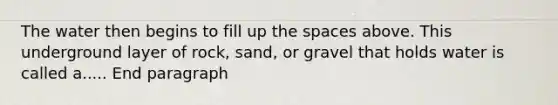 The water then begins to fill up <a href='https://www.questionai.com/knowledge/k0Lyloclid-the-space' class='anchor-knowledge'>the space</a>s above. This underground layer of rock, sand, or gravel that holds water is called a..... End paragraph