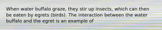 When water buffalo graze, they stir up insects, which can then be eaten by egrets (birds). The interaction between the water buffalo and the egret is an example of